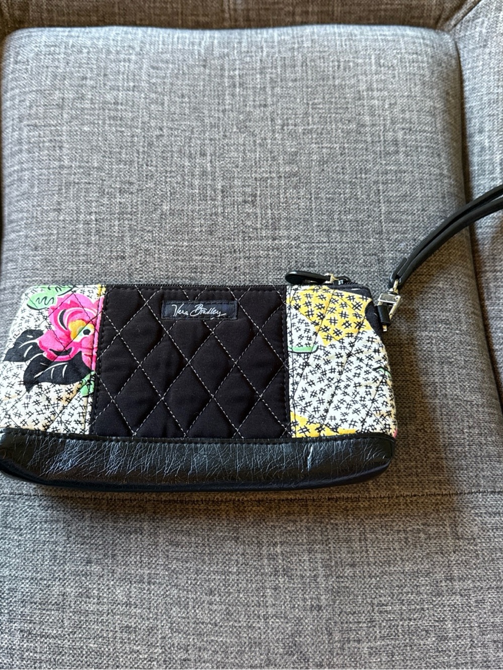 Vera Bradley Black Floral Patchwork Wristlet with Yellow Accents